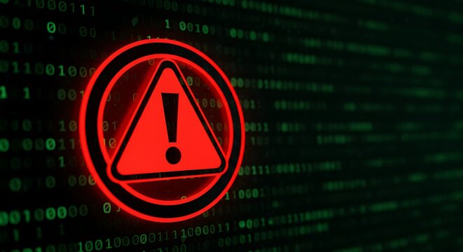 Red alert symbol over binary code representing cyber security threat or system error