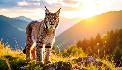Wild lynx stands alert on mountaintop at golden sunset