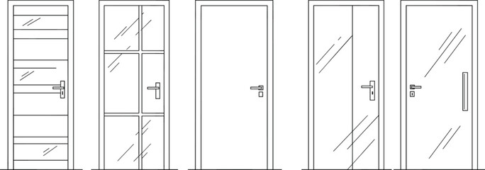 Modern door designs, wooden door, glass door, architectural door sketch, door vector set, interior entry, minimalist frame, CAD door drawing, black outline, closed entrance
