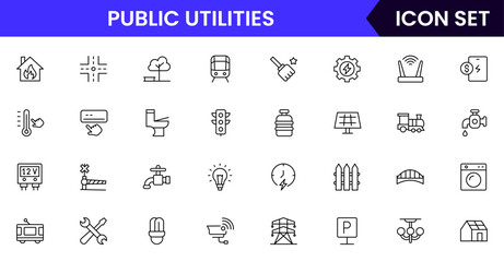 Public utilities vector line icons featuring water, electricity, gas, waste management, infrastructure, service meters, maintenance, power plants, and community resources.