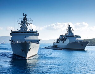 Two modern warships, grey hulls, and a clear blue sky