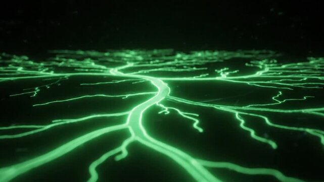 Flying over a vast network of branching green lightning, representing energy flow, a root system, or a river delta