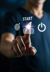 Business concept startup idea with rocket launch and target focus with a human hand