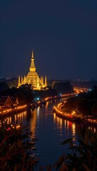 Obraz premium Night View Of Loy Krathong With Temple And River, Banner Shaped Layout With Center Space For Promo Text