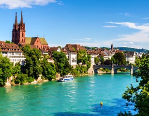 Naklejka premium Panoramic view of a European city by a river, featuring a cathedral and historic buildings. Bright, sunny day with turquoise water