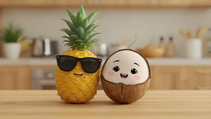 Two cheerful tropical fruits, a pineapple and a coconut, stand side-by-side. The pineapple wears cool sunglasses. Both smiling on the kitchen table. 