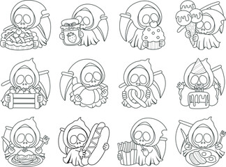 Illustration of cute skull ghost icon.
Funny skull ghost in activities stickers.
Angel of death cute elements.