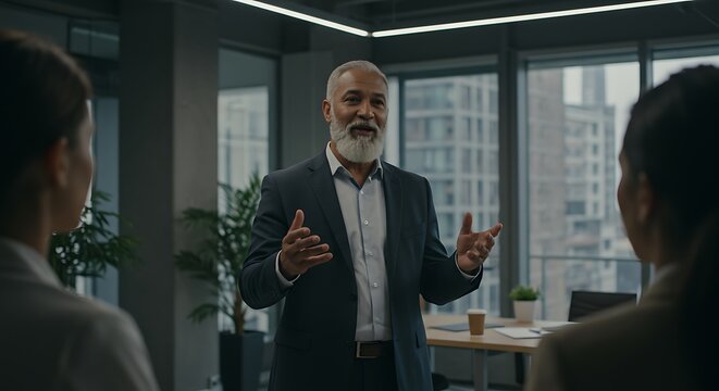 Experienced businessman presenting ideas during an office meeting with colleagues in modern office