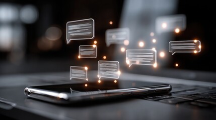 Smartphone chatbot talks beside open laptop, visualizing smart communication, digital AI assistant technology, and conversational interfaces  