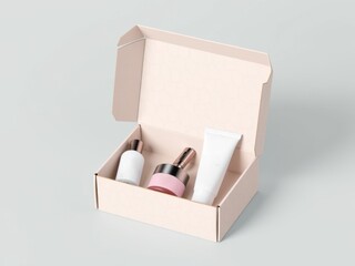 Open light pink box containing three cosmetic products on a light gray background studio shot