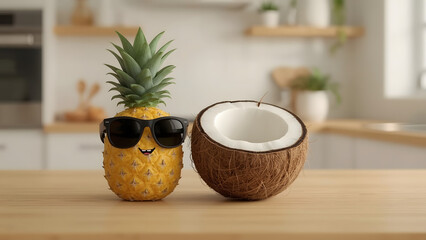 A whimsical scene of a pineapple and a halved coconut sit side-by-side. The pineapple wears sunglasses and is smiling at you, evoking a sense of playful amusement, with a cheerful and sunny ambiance.
