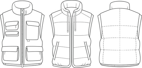 Flat vector CAD drawing of men's padded utility vest, front and back view, multiple pockets, technical fashion design illustration © Rahul Creatives