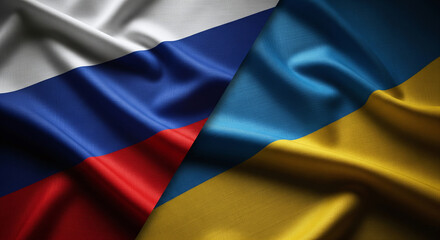 Russian flag on the left and Ukrainian flag on the right, both in high-detail fabric texture, natural lighting, full image covered with flags, JPG image	