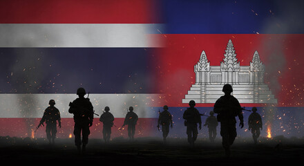 Black soldier silhouettes walking forward on dark battlefield, with split Thailand and Cambodia flags as full backdrop, glowing sparks and smoke fill air JPG