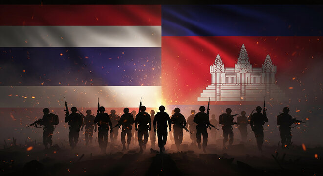 Black soldier silhouettes walking forward on dark battlefield, with split Thailand and Cambodia flags as full backdrop, glowing sparks and smoke fill air JPG - Powered by Adobe
