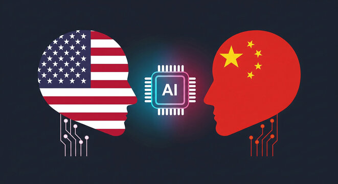 Flat vector illustration of two AI heads facing each other with USA and China flags, glowing chip symbolizing artificial intelligence dominance JPG