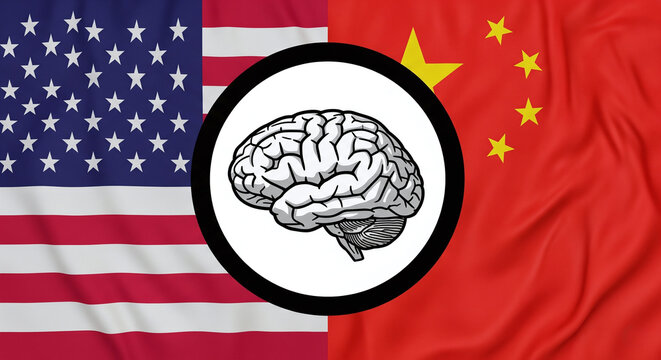 USA and China fabric flags filling full image with black line-art brain chip icon centered on white circle, soft balanced lighting, tech concept JPG