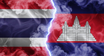 Thailand and Cambodia fabric flags split vertically by glowing lightning crack in center with subtle white-blue light and dramatic smoke effect JPG