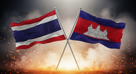 Thailand and Cambodia flags crossing with wind effect glowing orange sparks smoke in background fabric texture realistic Southeast Asia conflict JPG