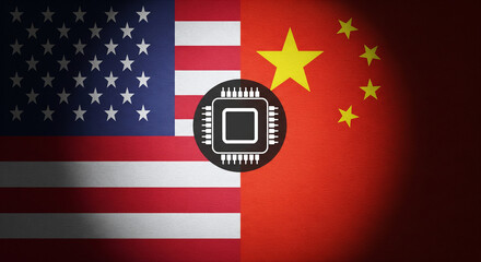 High-resolution photo of USA and China flags split vertically with realistic fabric texture, centered large circular microchip icon, dramatic lighting JPG