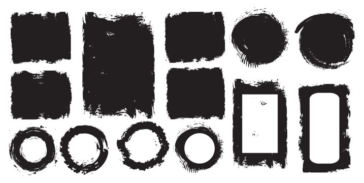 Grunge round square and rectangle frames. 
Brush frame rough rectangle box shape set. Text box frame rough grunge square, oval paint shape element. Ink pen rectangles squares circles ovals collection.
