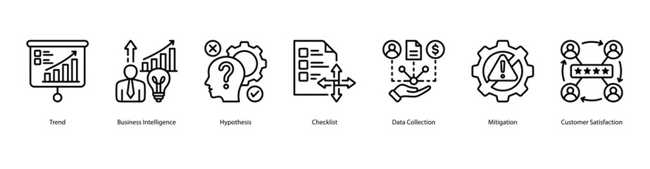 Analytical Thinking web banner icon vector illustration featuring Trend, Business Intelligence, Hypothesis, Checklist, Data Collection, Mitigation, and Customer Satisfaction.