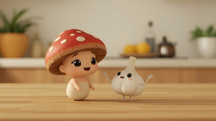 A whimsical mushroom person and garlic person on a wooden table. A cute mushroom character stands happily with a cute garlic, adding a touch of playfulness to a cooking environment.
