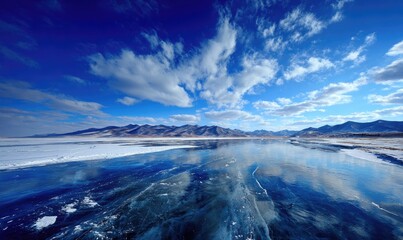 Naklejka premium Frozen lake panorama under a vibrant blue sky