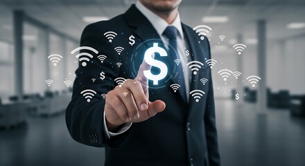 Businessman touching glowing dollar symbol surrounded by wifi signals image