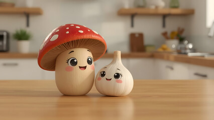 A whimsical pairing of a mushroom and garlic with endearing facial expressions, standing in a sunlit kitchen, evoking a sense of friendliness and charm.