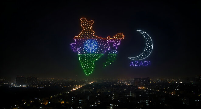 Drone light show displaying india map and crescent moon with azadi over city at night