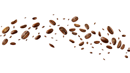 Flying coffee beans in a row with roasted texture and motion effect isolated on white background