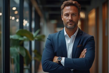Handsome businessman standing in a modern office hallway, checking the time on his smartwatch, representing a balanced and professional lifestyle, Generative AI