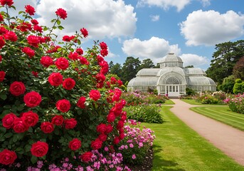 Lush red roses in bloom with a grand glass conservatory in the background