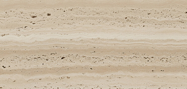 Beige travertine stone texture with horizontal lines and small dark spots, showcasing layered sediment patterns and earthy details perfect for architectural surfaces or raw material visuals.