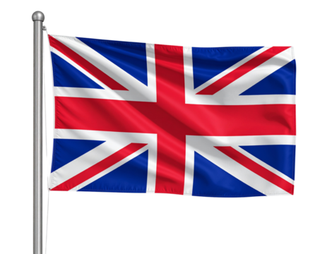 Union Jack Flag Waving on Silver Flagpole, Front-Facing Angle, Transparent Background - Powered by Adobe