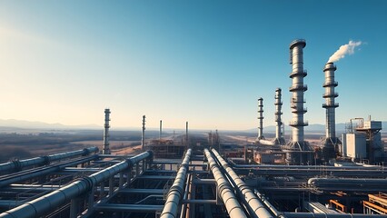 Fototapeta premium Aerial view of an industrial refinery with intricate pipelines under a clear blue sky.