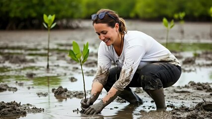 A woman joyfully plants a mangrove sapling in coastal wetland.