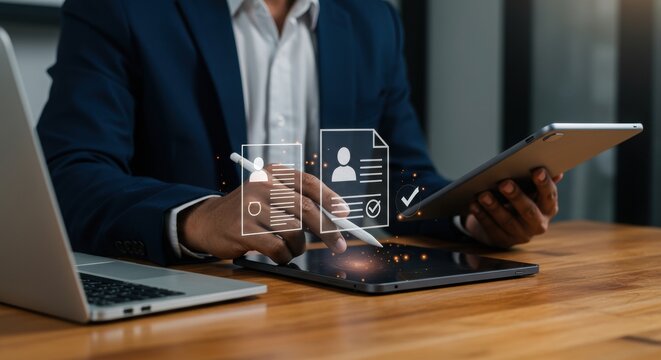 Business professional using stylus on tablet with digital icons. Modern tech workspace with document and approval symbols. Office worker interacting with digital tools. - Powered by Adobe