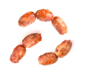 Thai street food Sai krok Isan , Pork and Rice Sausage isolated on white background . top view