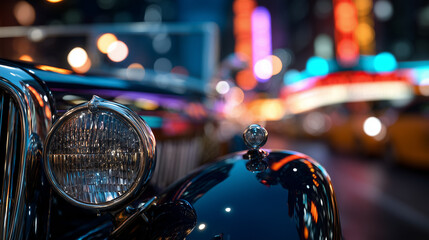 Retro Car Chrome and Hood Ornament Reflecting Colorful City Lights