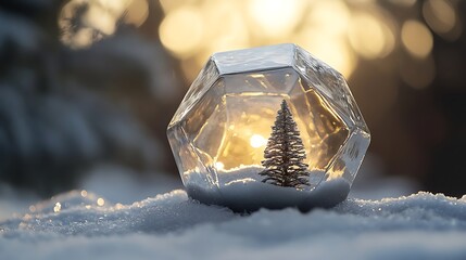 Snow globe shaped like a dodecahedron with tiny pine inside