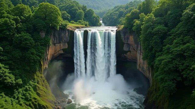 Majestic Aerial View of Kote Abbey Falls in Coorg, India: Cascading Water, Lush Greenery, Misty Mountains, and Rocky Cliffs in Stunning 4k Footage
