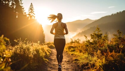 Woman jogging on a trail at sunrise.  Golden light streams through trees