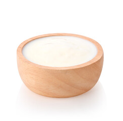 yogurt in wood bowl ,white nature yogurt texture isolated on white