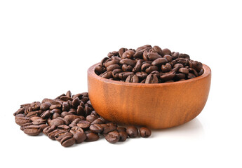 Roasted coffee bean in brown wooden bowl isolated on white background. Top view