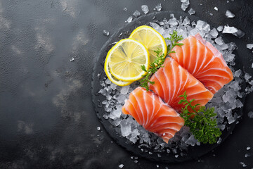 A plate of salmon and lemon slices on a black background