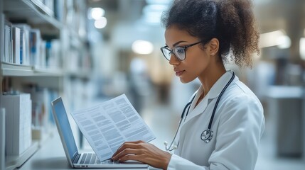A healthcare professional reviews documents on a laptop in a library setting.