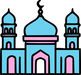 Cartoon illustration of a mosque with a crescent moon on top, featuring blue and pink colors.