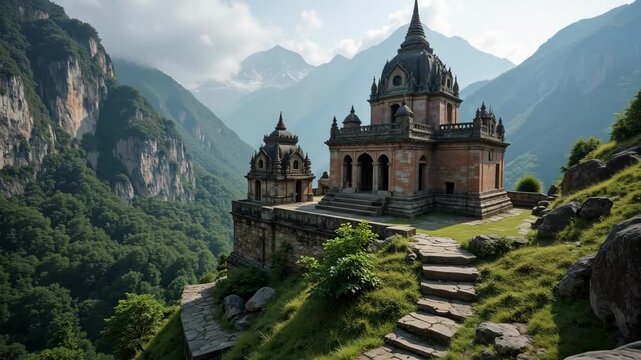 Majestic aerial views of ancient temple, a sacred site visited by Guru Nanak, nestled in the breathtaking mountainous region. 4k video.
